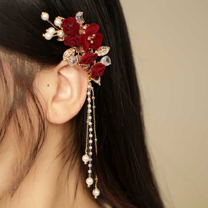 Buddha Stonesレトロ中国風赤い椿の花のタッセルサイドヘアクリップ