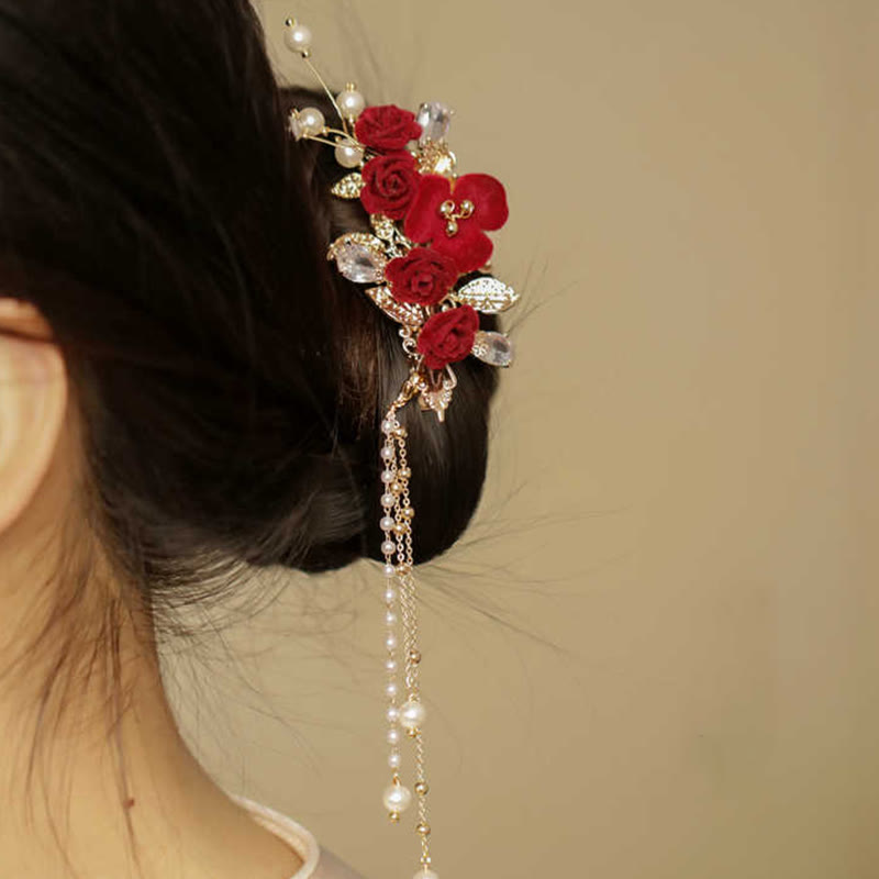 Buddha Stonesレトロ中国風赤い椿の花のタッセルサイドヘアクリップ