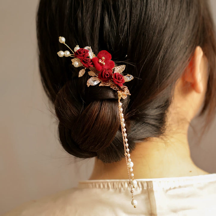 Buddha Stonesレトロ中国風赤い椿の花のタッセルサイドヘアクリップ