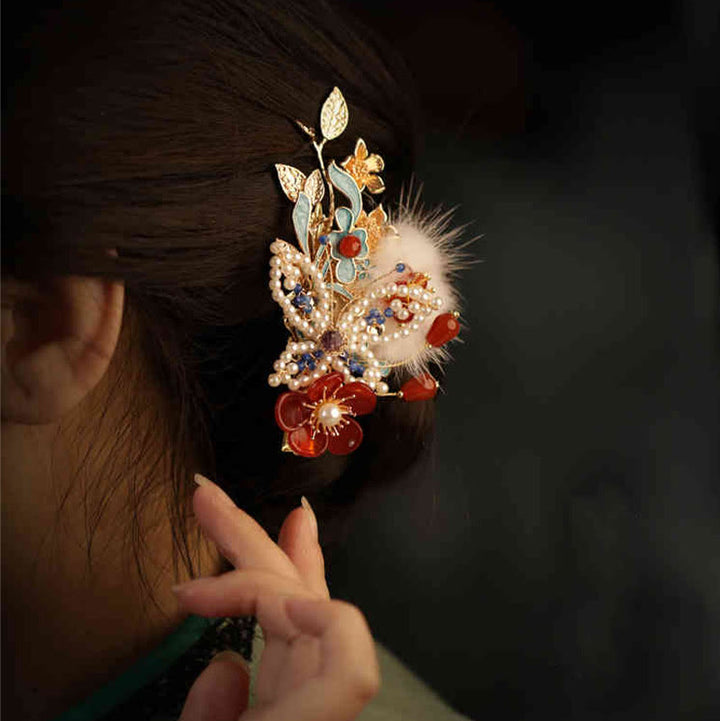Buddha Stonesの古典的な中国風の赤い花の蝶の真珠のヘアクリップ