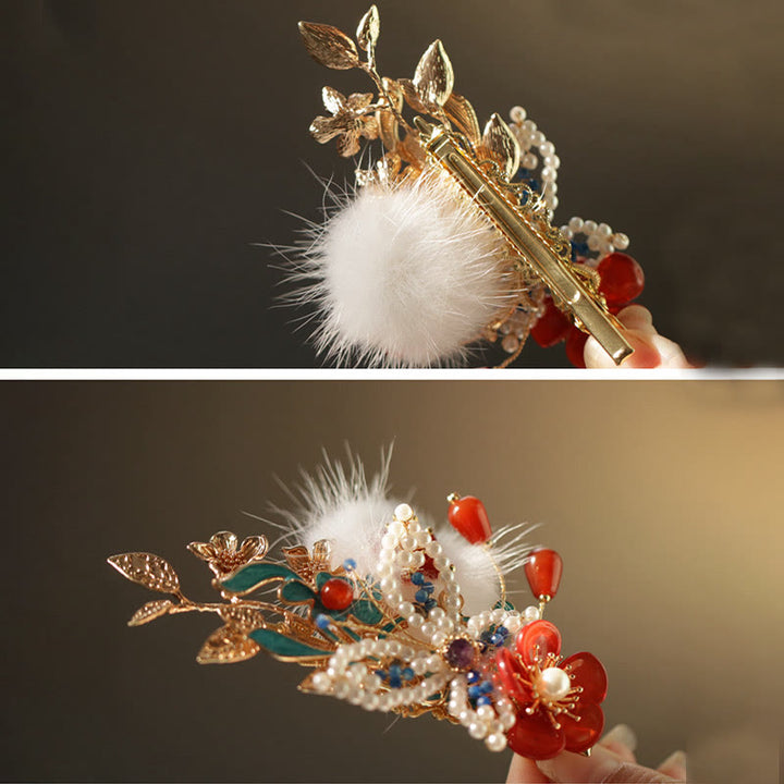 Buddha Stonesの古典的な中国風の赤い花の蝶の真珠のヘアクリップ