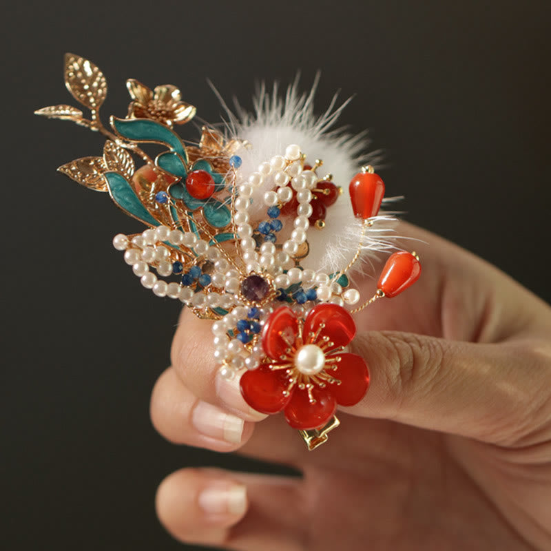 Buddha Stonesの古典的な中国風の赤い花の蝶の真珠のヘアクリップ