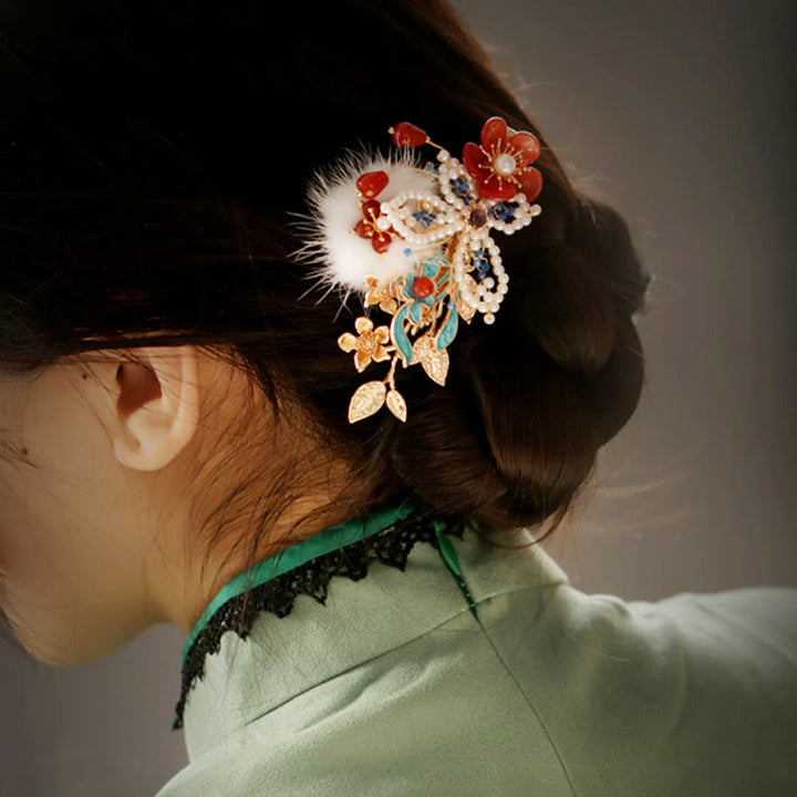 Buddha Stonesの古典的な中国風の赤い花の蝶の真珠のヘアクリップ
