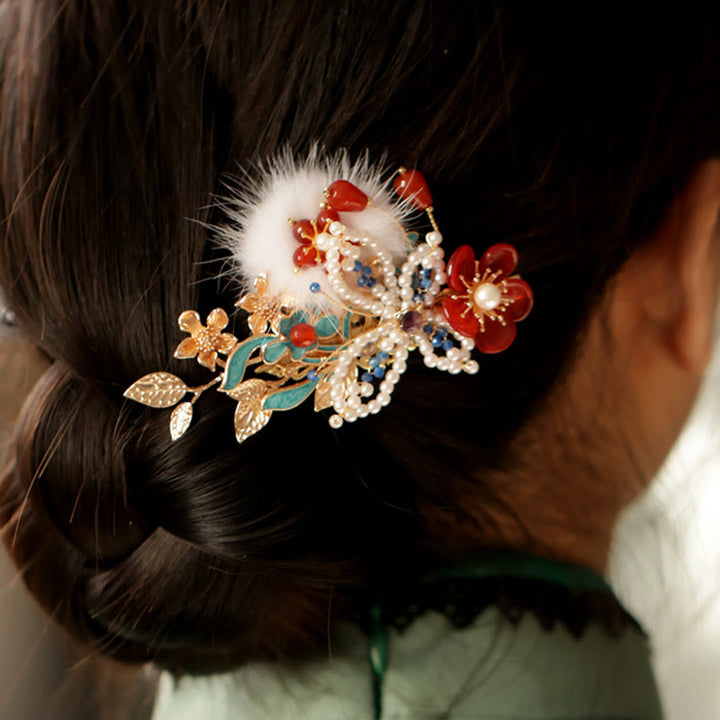 Buddha Stonesの古典的な中国風の赤い花の蝶の真珠のヘアクリップ