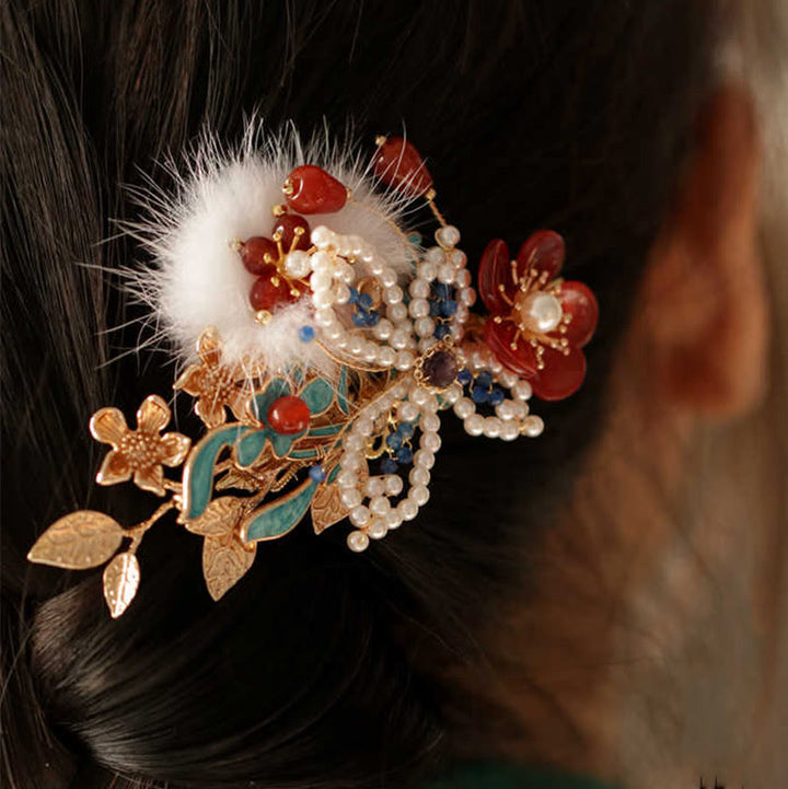 Buddha Stonesの古典的な中国風の赤い花の蝶の真珠のヘアクリップ
