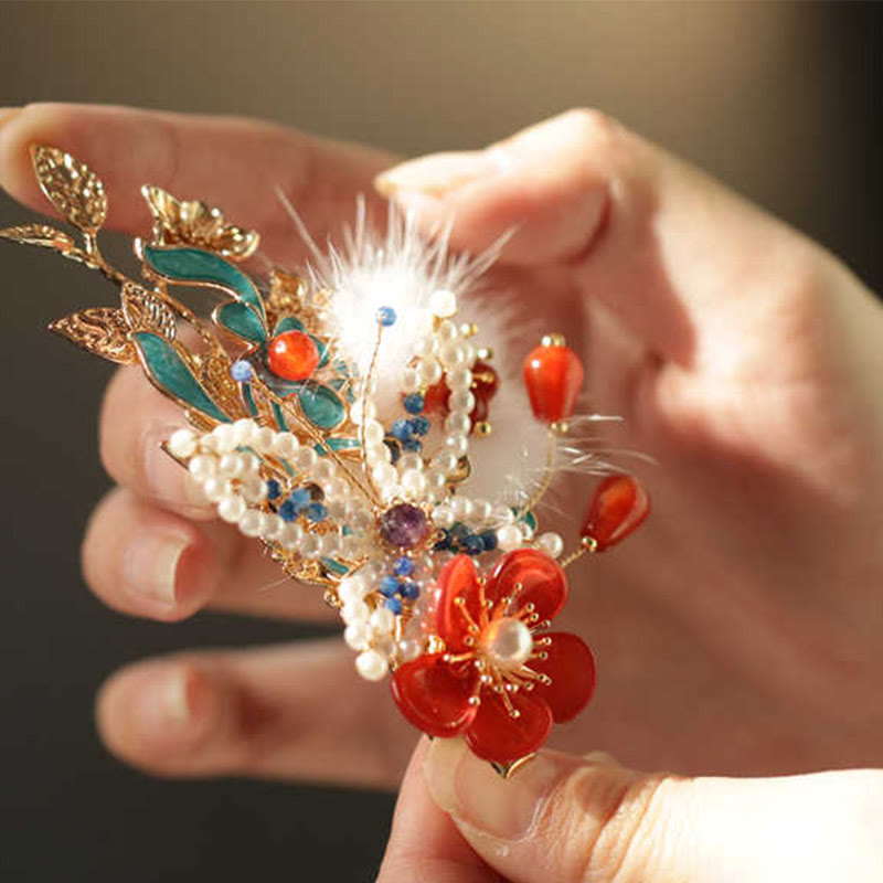 Buddha Stonesの古典的な中国風の赤い花の蝶の真珠のヘアクリップ