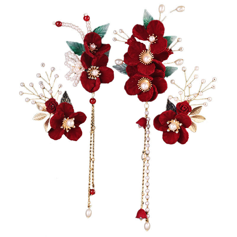 Buddha Stonesアンティークレッドフラワーパールタッセルヘアクリップセット