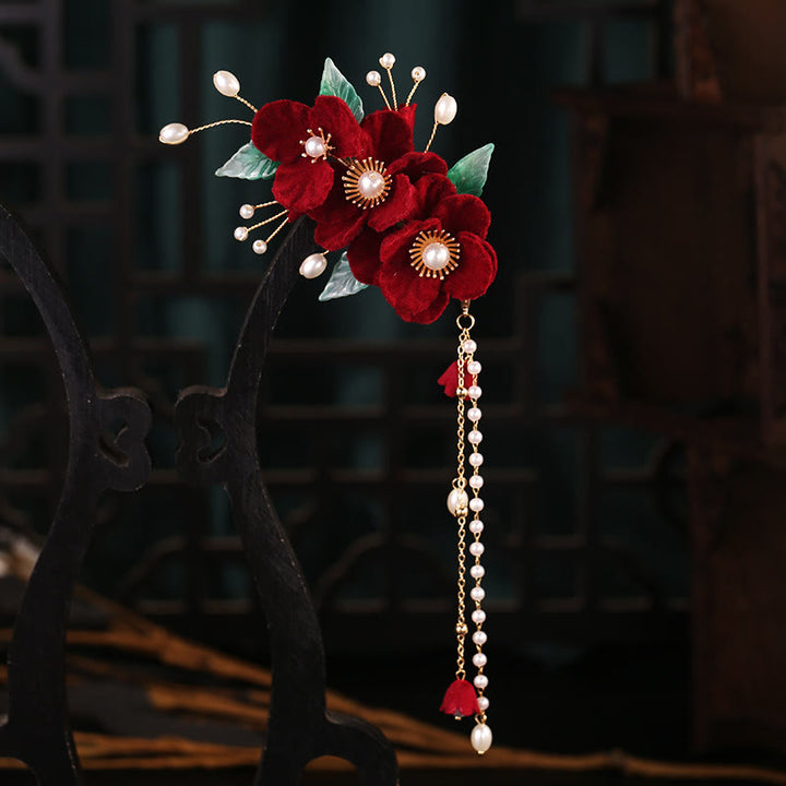 Buddha Stonesアンティークレッドフラワーパールタッセルヘアクリップセット