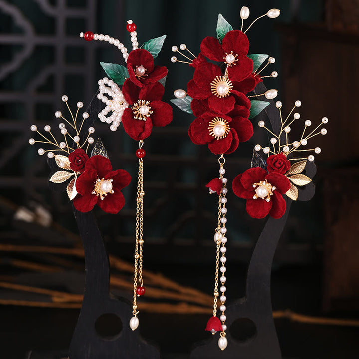 Buddha Stonesアンティークレッドフラワーパールタッセルヘアクリップセット