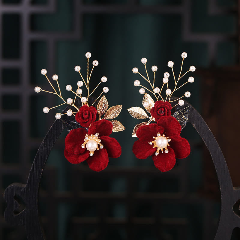 Buddha Stonesアンティークレッドフラワーパールタッセルヘアクリップセット