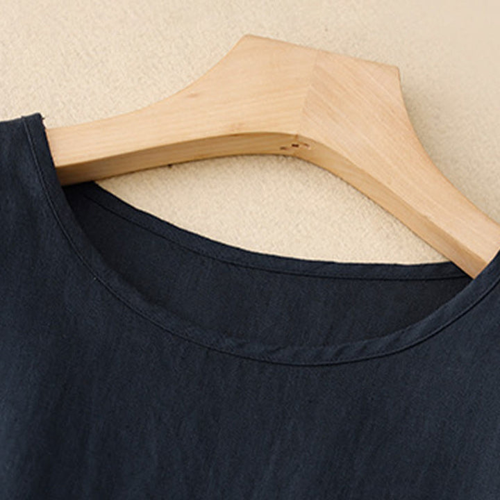 Buddha Stonesカジュアル 無地 クルーネック レースアップ 半袖 コットンリネン ミディドレス ポケット付き - image 3