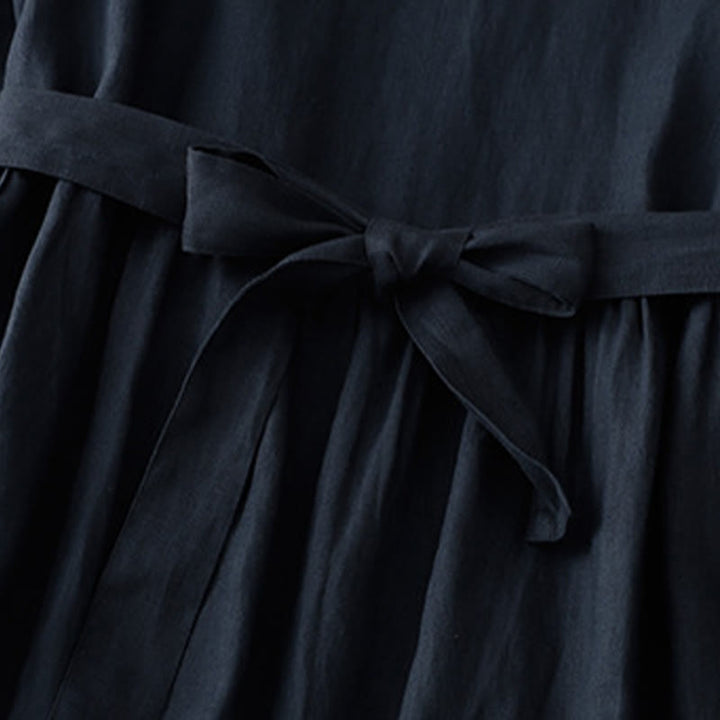 Buddha Stonesカジュアル 無地 クルーネック レースアップ 半袖 コットンリネン ミディドレス ポケット付き - image 6