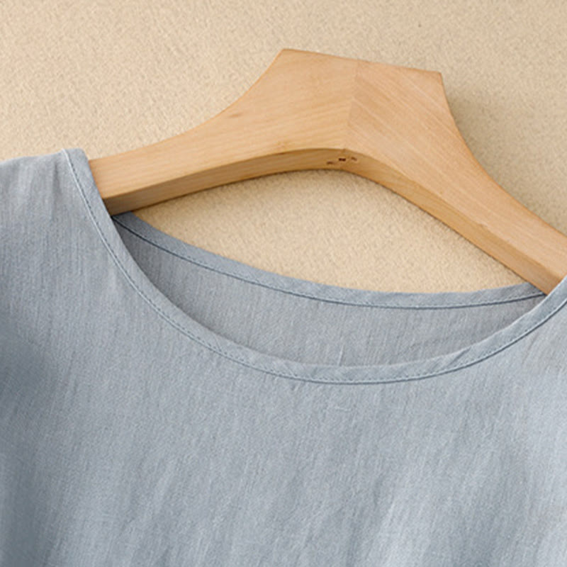 Buddha Stonesカジュアル 無地 クルーネック レースアップ 半袖 コットンリネン ミディドレス ポケット付き - image 9