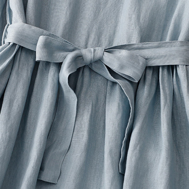 Buddha Stonesカジュアル 無地 クルーネック レースアップ 半袖 コットンリネン ミディドレス ポケット付き - image 10