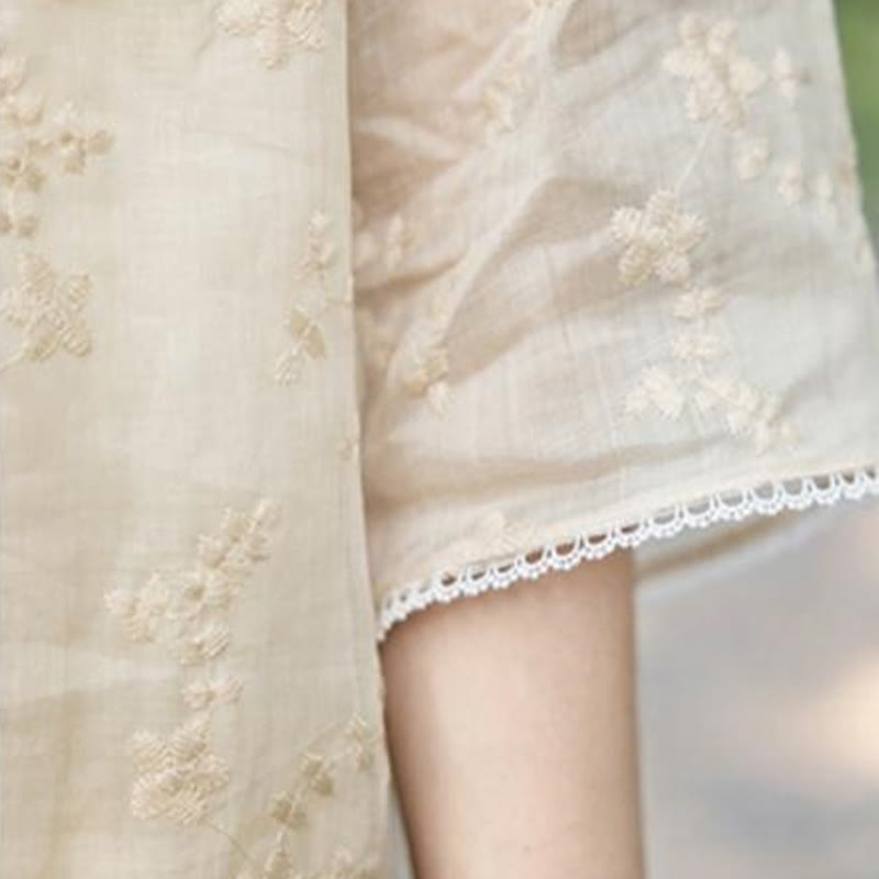 Buddha Stonesカジュアル刺繍入り斜め襟スタンドカラー半袖デザインラミーミディド​​レス（ポケット付き） - image 6