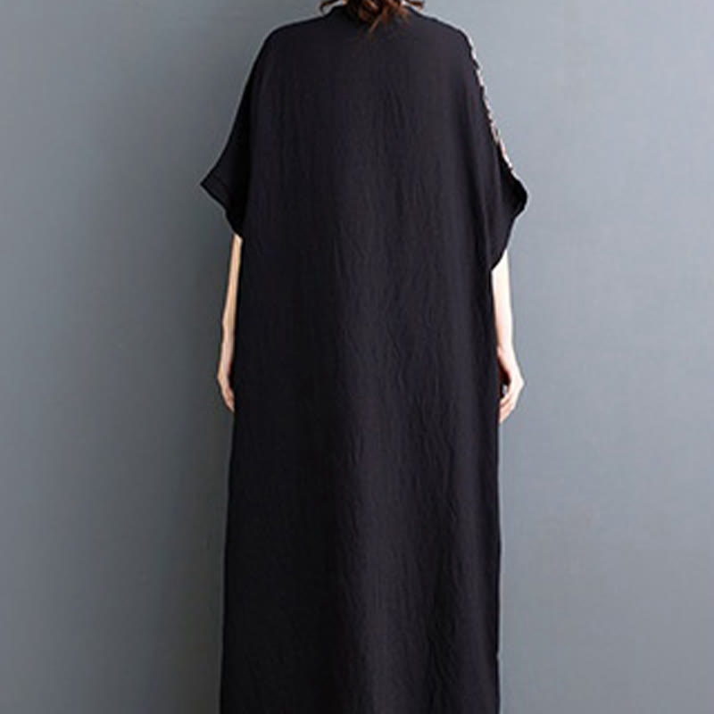 Buddha Stonesカジュアル ルーズ プリント 染め コットン リネン Vネック ハーフスリーブ デザイン ミディドレス ポケット付き - image 2