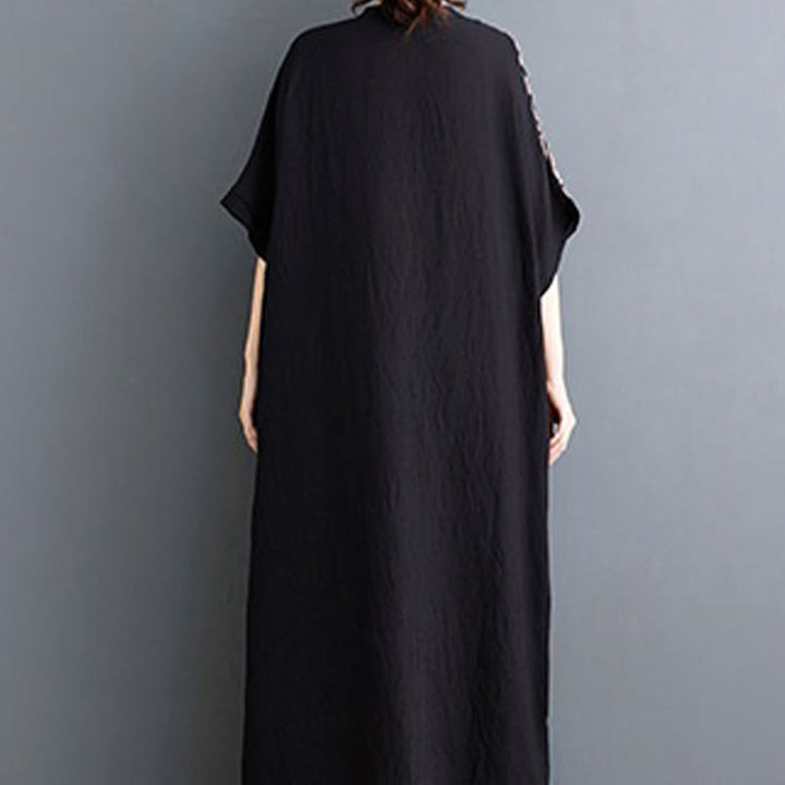 Buddha Stonesカジュアル ルーズ プリント 染め コットン リネン Vネック ハーフスリーブ デザイン ミディドレス ポケット付き - image 2