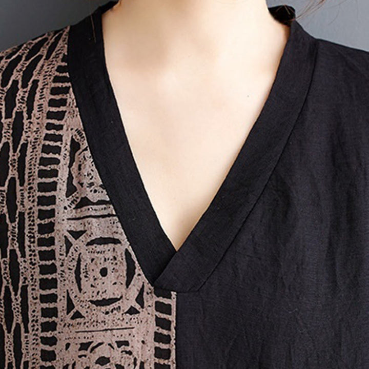 Buddha Stonesカジュアル ルーズ プリント 染め コットン リネン Vネック ハーフスリーブ デザイン ミディドレス ポケット付き - image 7