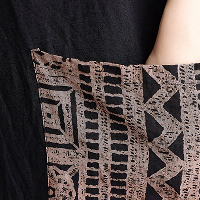 Buddha Stonesカジュアル ルーズ プリント 染め コットン リネン Vネック ハーフスリーブ デザイン ミディドレス ポケット付き - image 8