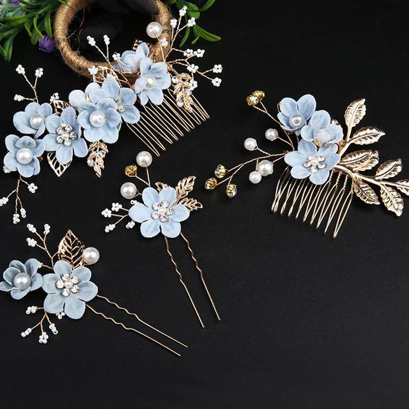 Buddha Stones4個セット ハンドメイド ウェディング ゴールデンリーフ フラワー パール ヘアピン ヘアコーム セット