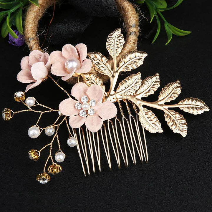 Buddha Stones4個セット ハンドメイド ウェディング ゴールデンリーフ フラワー パール ヘアピン ヘアコーム セット