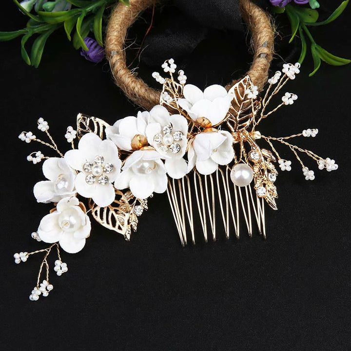 Buddha Stones4個セット ハンドメイド ウェディング ゴールデンリーフ フラワー パール ヘアピン ヘアコーム セット