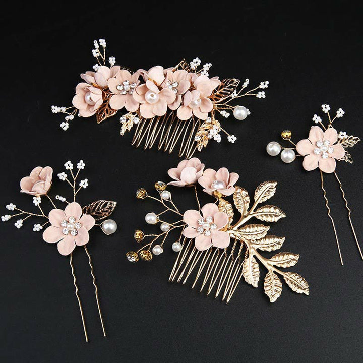 Buddha Stones4個セット ハンドメイド ウェディング ゴールデンリーフ フラワー パール ヘアピン ヘアコーム セット