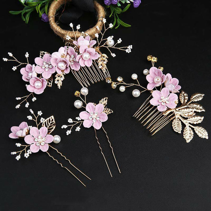 Buddha Stones4個セット ハンドメイド ウェディング ゴールデンリーフ フラワー パール ヘアピン ヘアコーム セット