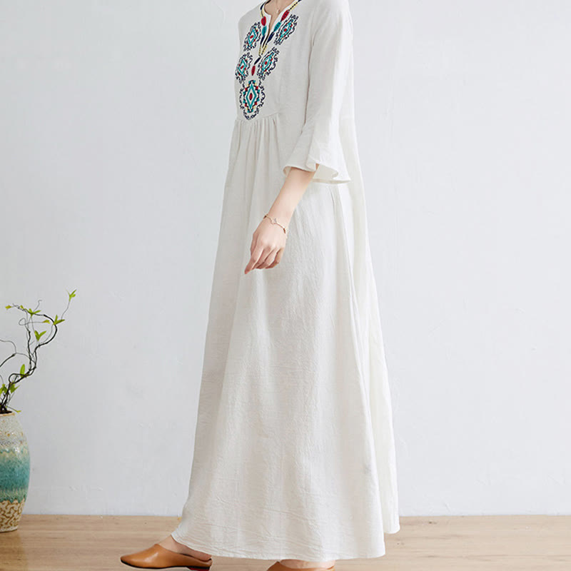 Buddha Stonesカジュアル刺繍フラワー柄 Vネック 七分袖デザイン コットンリネン ミディドレス - image 5