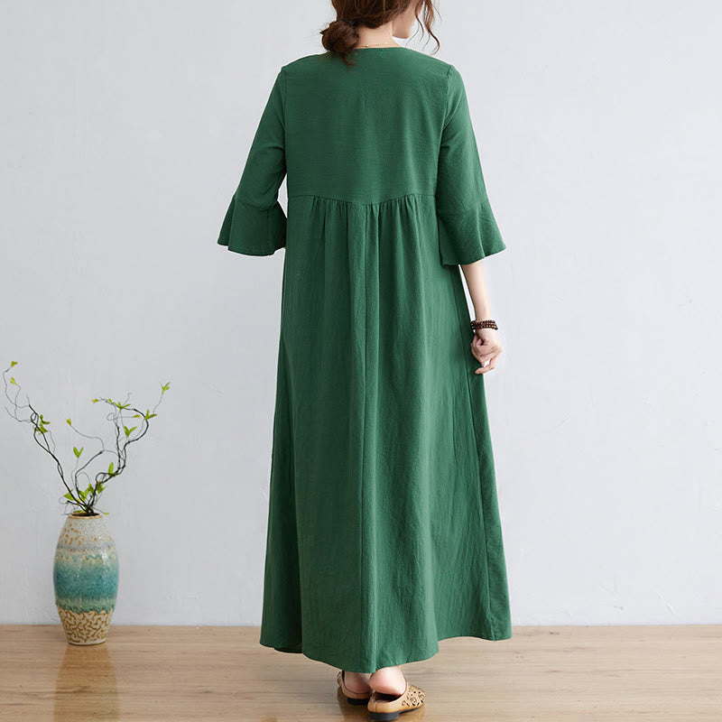 Buddha Stonesカジュアル刺繍フラワー柄 Vネック 七分袖デザイン コットンリネン ミディドレス - image 16