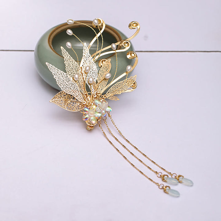 Buddha Stonesの伝統的な中国の金箔の花のタッセルヘアクリップ