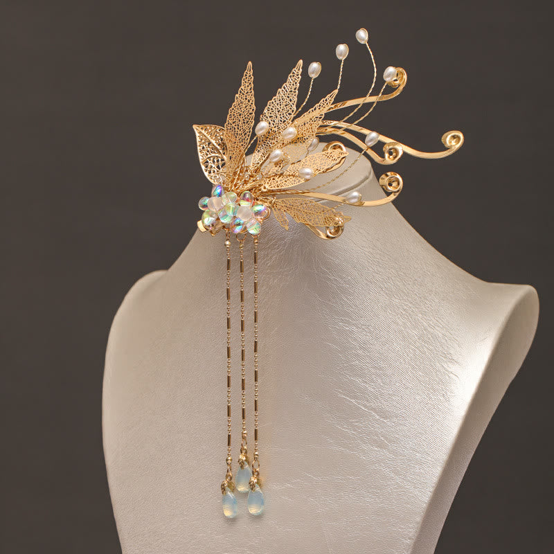 Buddha Stonesの伝統的な中国の金箔の花のタッセルヘアクリップ