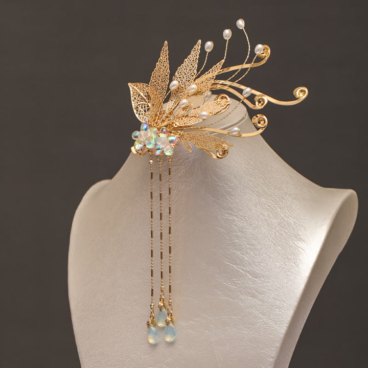 Buddha Stonesの伝統的な中国の金箔の花のタッセルヘアクリップ