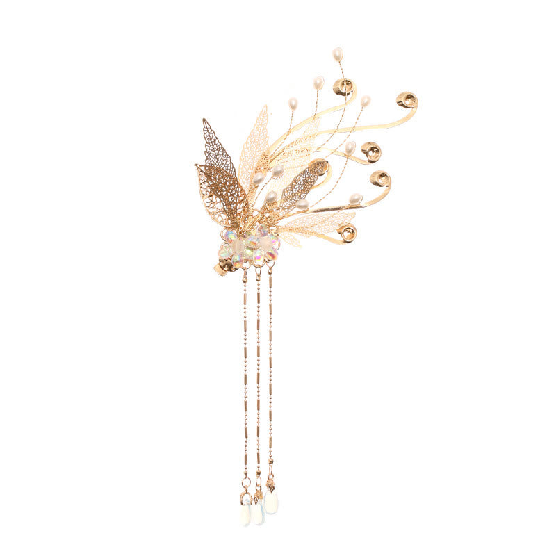 Buddha Stonesの伝統的な中国の金箔の花のタッセルヘアクリップ