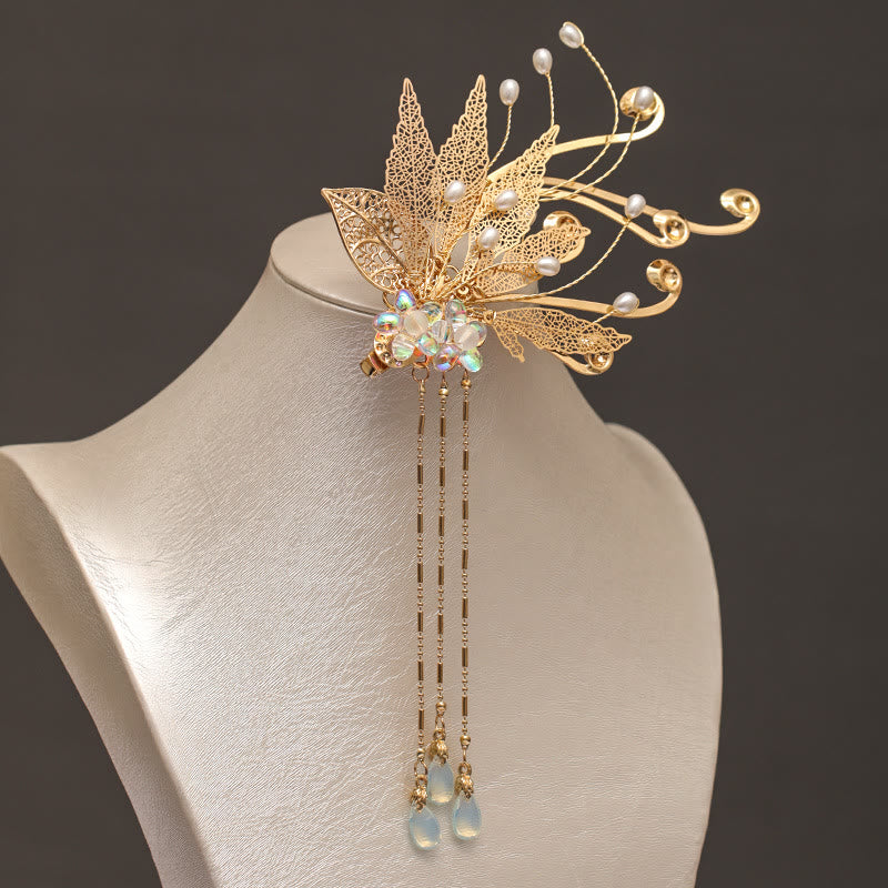 Buddha Stonesの伝統的な中国の金箔の花のタッセルヘアクリップ