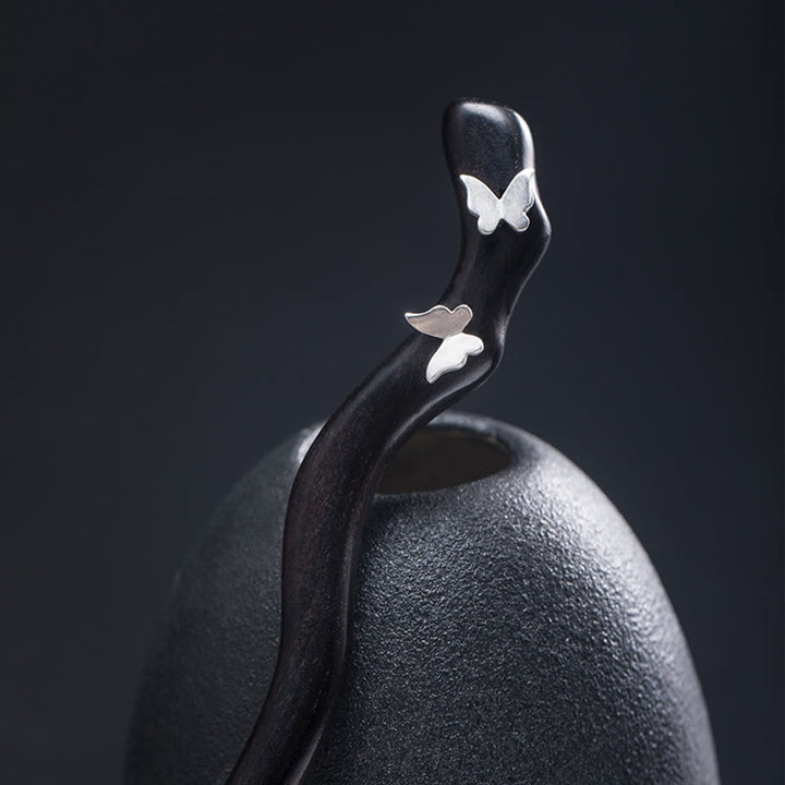 Buddha Stones925 スターリングシルバー クラシック中国風 黒檀 バタフライ リラックス ヘアピン - 蝶の黒檀ヘアピン - image 0