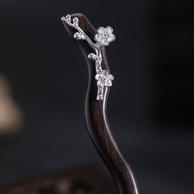 Buddha Stones925スターリングシルバー クラシック中国風黒檀梅花祝福ヘアピン - image 9