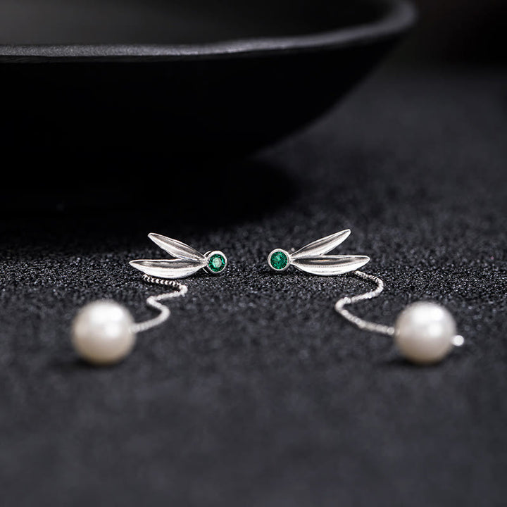 Buddha Stones925スターリングシルバー ジルコンパール 竹の葉の保護ドロップイヤリング - image 6