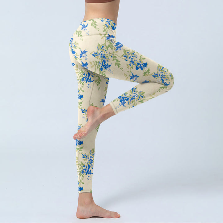 Buddha Stonesカジュアル ダークブルー 花柄 葉柄 ジム フィットネス レギンス レディース ヨガパンツ - image 4