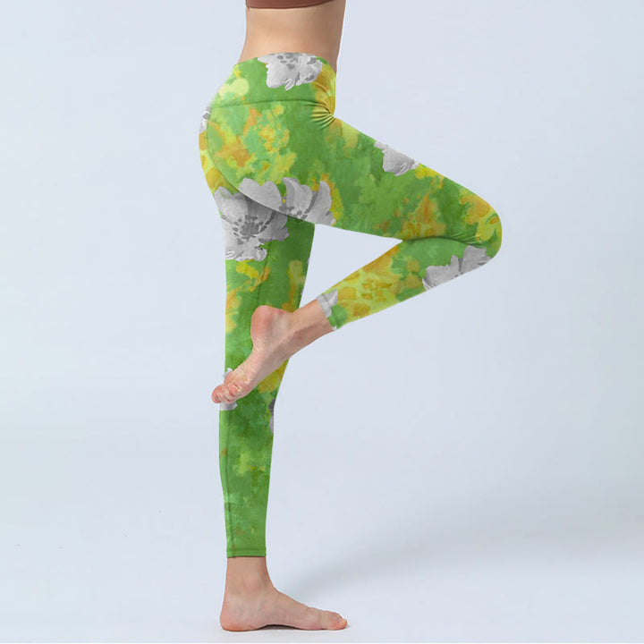 Buddha Stones黄緑 グレー 花柄 スポーツ フィットネス レギンス レディース ヨガパンツ - image 4