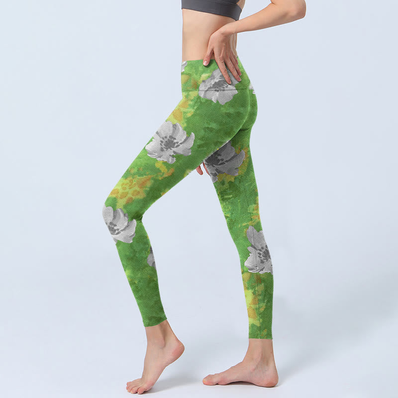 Buddha Stones黄緑 グレー 花柄 スポーツ フィットネス レギンス レディース ヨガパンツ - image 3