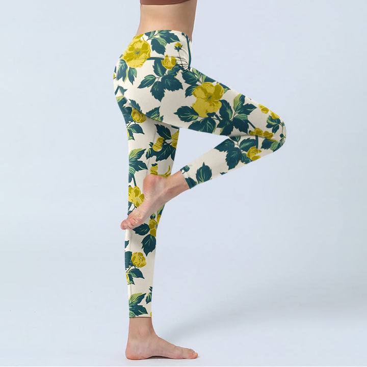 Buddha Stones、黄色の花、緑の葉のプリントジムフィットネスレギンスレディースヨガパンツ - image 4