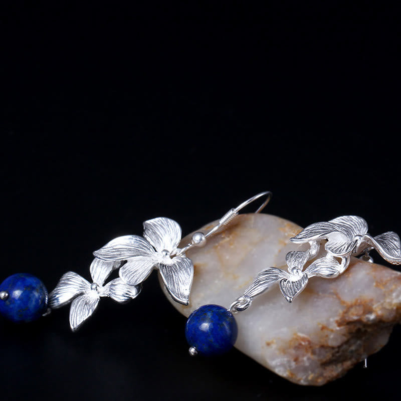 Buddha Stones925スターリングシルバー ラズライト エスニックスタイル フラワー ポジティブドロップイヤリング - image 1