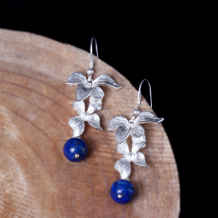 Buddha Stones925スターリングシルバー ラズライト エスニックスタイル フラワー ポジティブドロップイヤリング - image 2