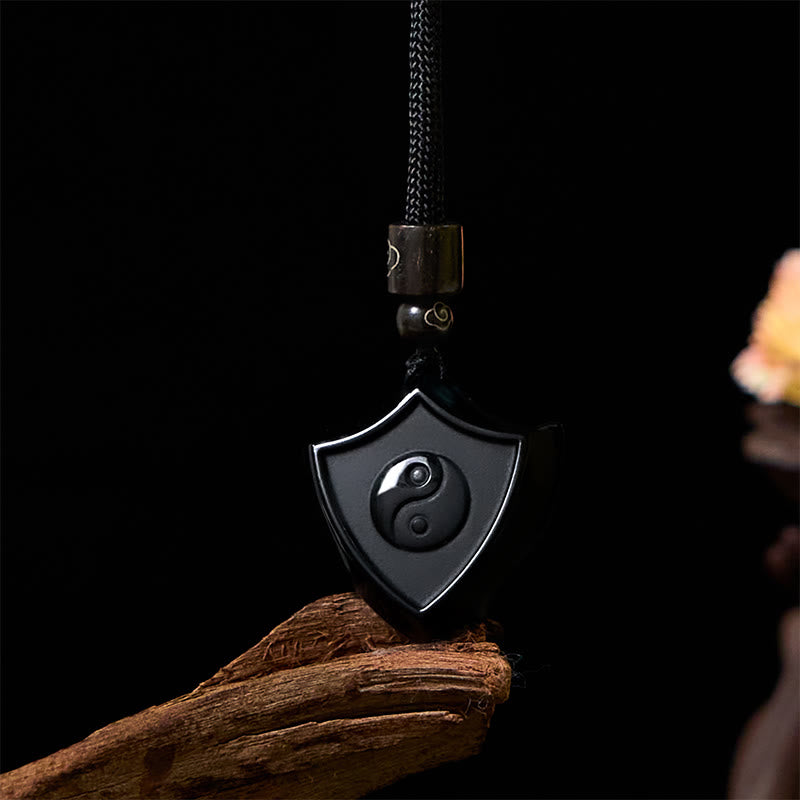 Buddha Stones黒曜石 シールドパターン 陰陽シンボル 強さ ネックレス ペンダント - シールド陰陽 - image 1