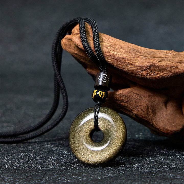 Buddha Stones天然ゴールド光沢 黒曜石 平和バックル 強化ネックレスペンダント