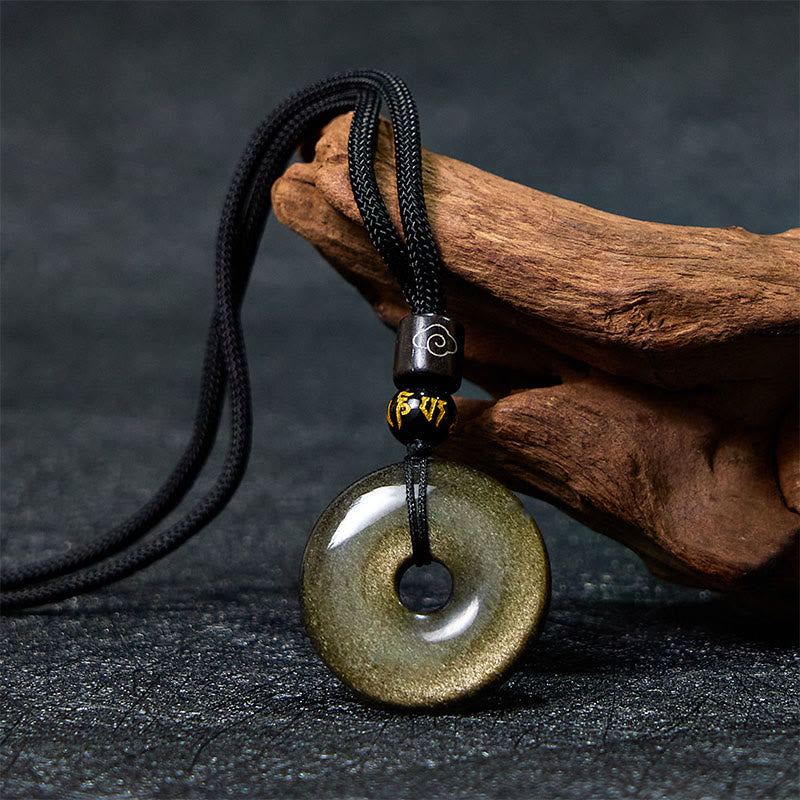 Buddha Stones天然ゴールド光沢 黒曜石 平和バックル 強化ネックレスペンダント