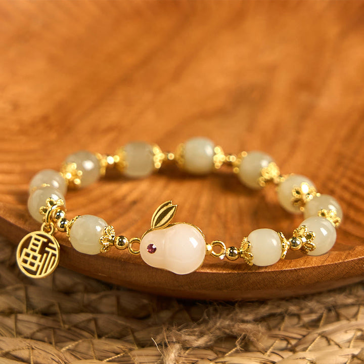 Buddha Stones天然和田翡翠 福文字福ブランド うさぎの豊かさのブレスレット