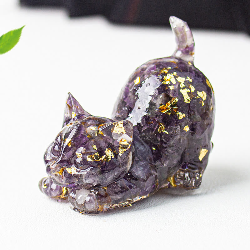 Buddha Stones 伸びをする猫の樹脂製クリスタル砂利瞑想装飾 - アメジスト - 4.5×3×4.2cm - image 0