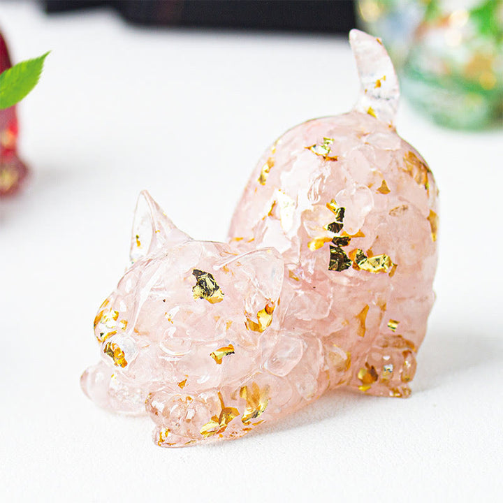 Buddha Stones 伸びをする猫の樹脂製クリスタル砂利瞑想装飾 - ピンククリスタル - 4.5×3×4.2cm - image 2